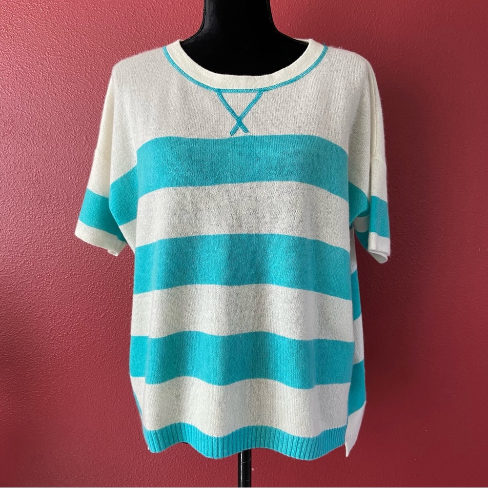 EUC White + Warren Stripe Cashmere Short Sleeve Oversized Sweater